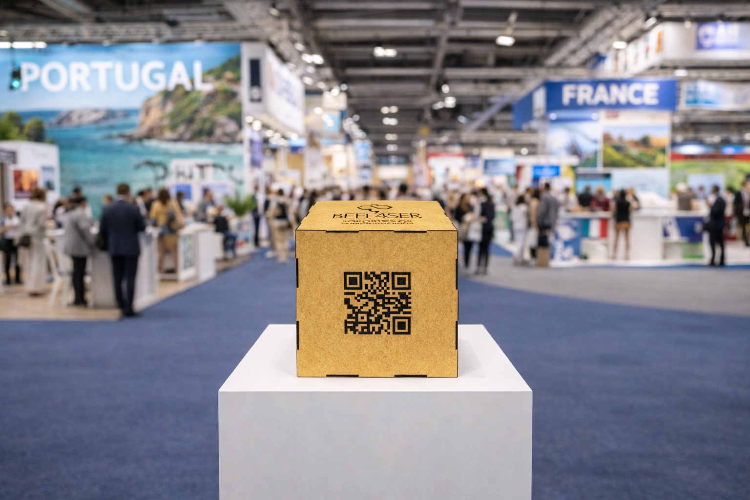 cubo Qr gigante giratorio grabado en madera personalizado para promoción de marca en eventos y ferias.